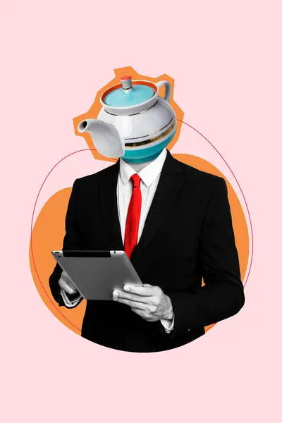 Creative artwork poster collage of business human formal uniform use tablet browsing headless drink teapot isolated on pink background.