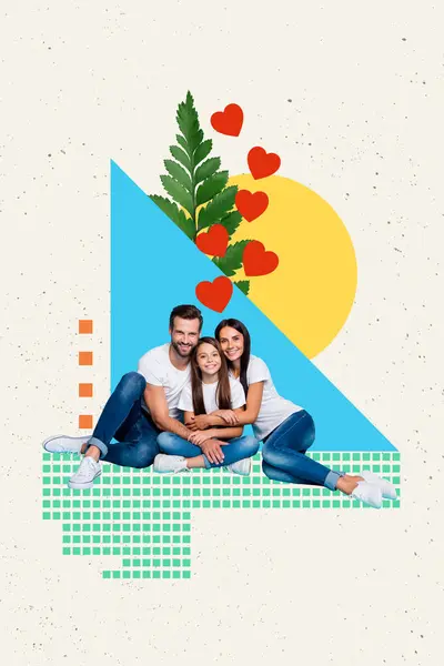 Imagem Colagem Vertical Adorável Família Amigável Abraçar Coração Símbolo Planta — Fotografia de Stock