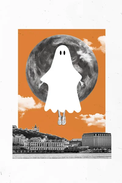 Vertical Composite Creative Photo Collage Human Wear Ghost Costume Levitating — Stock Photo, Image