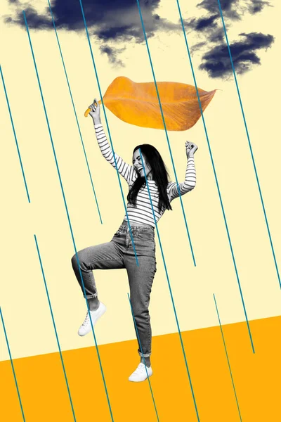 Collage Artwork Picture Crazy Carefree Woman Walk Street Rain Hand — Stock Photo, Image