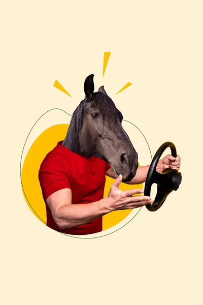 Вертикальне Колажне Зображення Конячої Голови Хлопець Рука Тримає Кермо Дорожньої — стокове фото