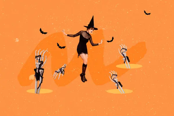 Творческий Страшный Коллаж Иллюстрация Смешной Молодой Ведьмы Костюм Паники Руки — стоковое фото