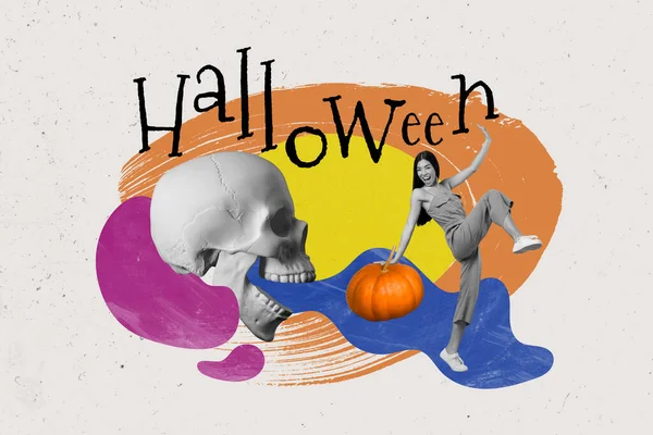 Colagem Revista Senhora Sorridente Despreocupado Preparando Halloween Festa Isolado Desenho — Fotografia de Stock