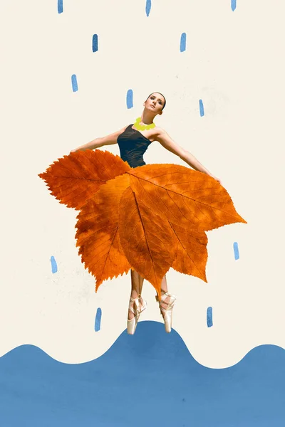Creative Retro Magazine Collage Image Charming Ballerina Wear Red Leaves — Stock Photo, Image