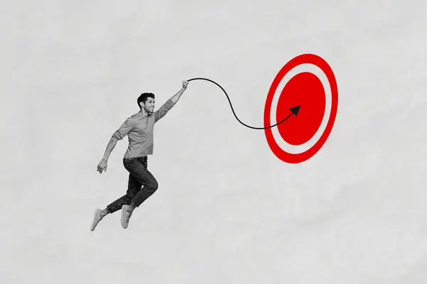 Roliga Unga Manliga Student Flyga Skiss Bild Collage Darttavla Bullseye — Stockfoto