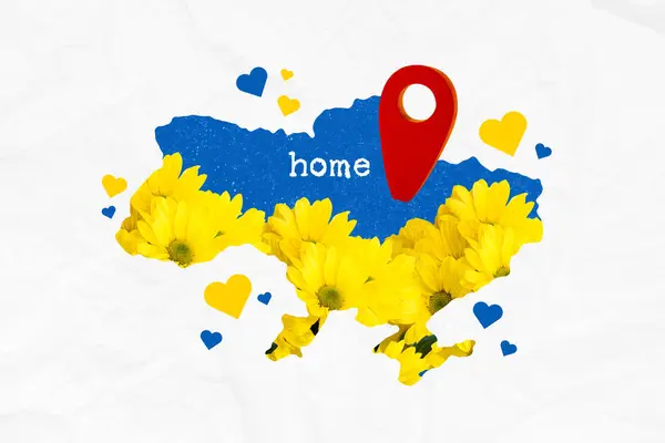Colagem Cartaz Bandeira Mapa Ucraniano Geo Pin Mostrando Casa Lugar — Fotografia de Stock