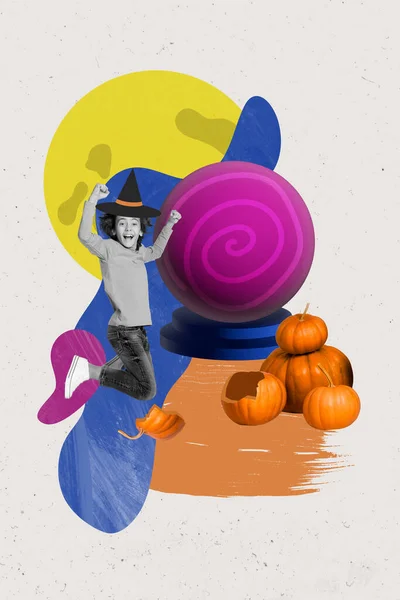 Magazine Sketch Collage Image Smiling Wizard Boy Preparing Halloween Night — Stock Photo, Image