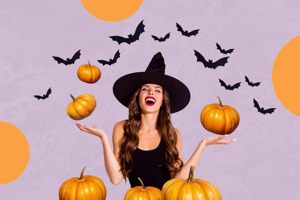 Collage Image Frightening Witch Girl Hands Hold Pumpkins Flying Bats — Stock Photo, Image