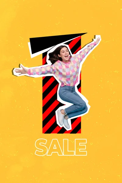 Vertical Collage Image Overjoyed Funky Girl Jumping Enjoy Limited Time — Stock Photo, Image