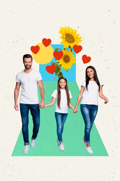 正面友好家庭的垂直拼贴图像手挽手走着心形符号向日葵在白漆背景下分离 — 图库照片