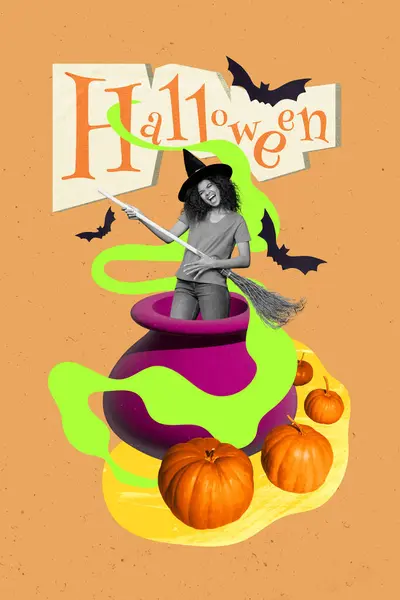 Foto Koláž Umělecké Dílo Funky Wiccan Dívka Připravuje Halloween Kouzlo — Stock fotografie