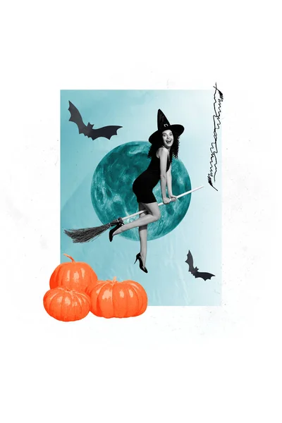 Vertical Composite Creative Photo Collage Positive Witch Fly Broomstick Halloween — Stock Photo, Image