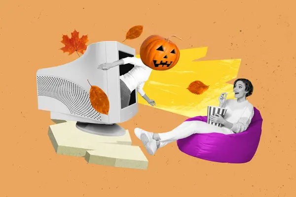 Plantilla Gráficos Collage Imagen Sonriente Dama Impresionada Viendo Aterrador Halloween —  Fotos de Stock