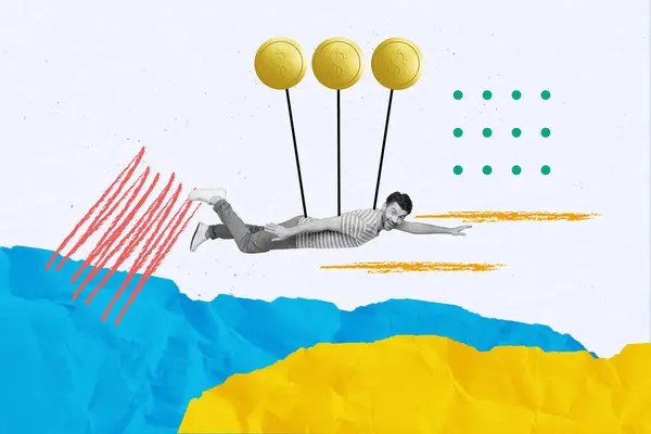 Collage 3d image of pinup pop retro sketch of excited young man flying sky air balloons golden balloons motivation banker successful trader.