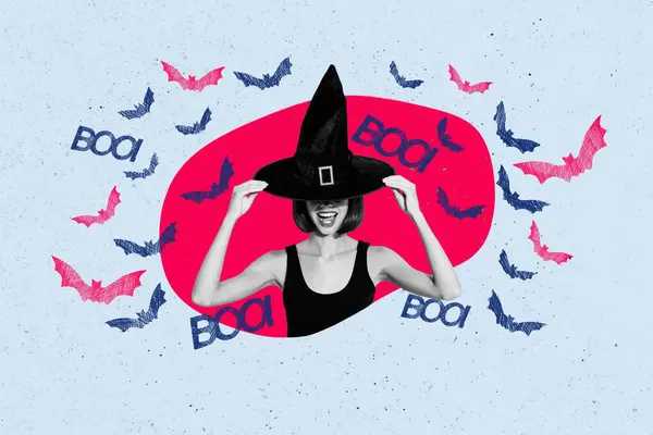 Collage Image Black White Effect Mysterious Terrifying Witch Girl Headwear — Stock Photo, Image