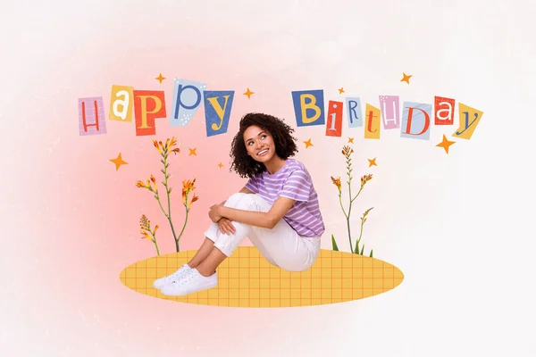 Collage Creativo Encantadora Dama Ensueño Disfrutando Celebración Cumpleaños Aislado Color —  Fotos de Stock