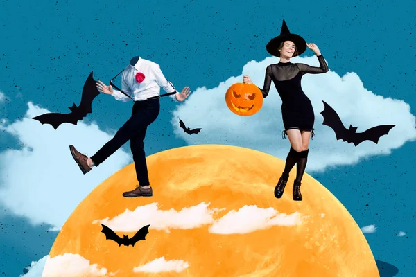 Creative Collage Sorcerer Girl Hold Carved Pumpkin Headless Guy Dancing — Stock Photo, Image