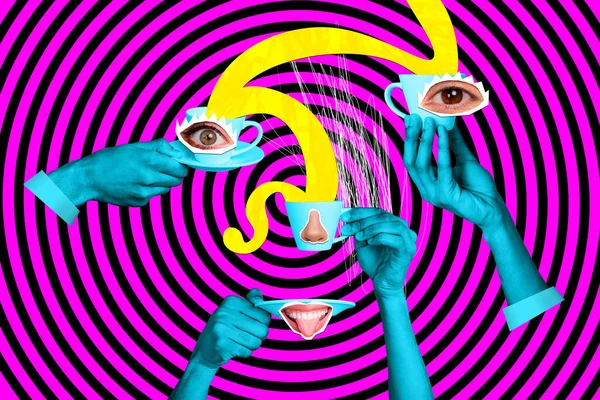 シュルレアリズムのコラージュ画像テンプレート 異なる人格ティーカップ ピンクの描画錯覚の背景に隔離されたホットエスプレッソを飲む — ストック写真