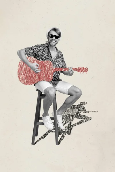 Image Collage Sketch Cheerful Positive Guy Sitting Guy Playing Guitar — Stock Photo, Image