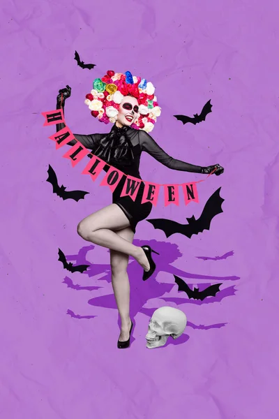 Collage Vertical Excitada Chica Muerta Funky Sostienen Banderas Halloween Bailando —  Fotos de Stock