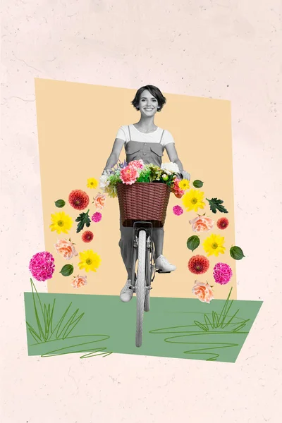 3月8日 快乐女士的海报拼贴横幅在农庄过周末 收集野花骑自行车送礼 — 图库照片