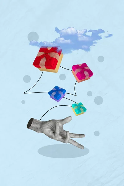 Изображение Коллажа Изображения Ладони Человека Ловить Падающие Подарки Изолированы Синем — стоковое фото