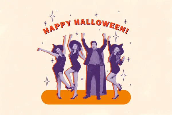 Sammansatt Kreativ Fotokollage Extatiska Överlyckliga Människor Fira Halloween Parti Händer — Stockfoto