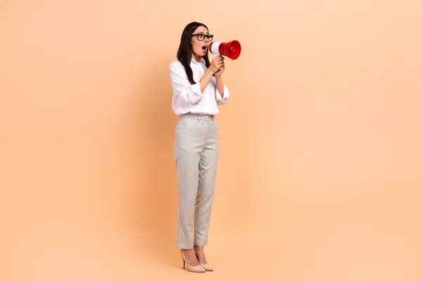 Full Body Photo Young Business Lady Boss Scream Bullhorn Announcement — Stock Photo, Image