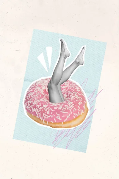 Poster Banner Collage Huge Sweet Yummy Donut Lady Legs Feet — Stock Photo, Image
