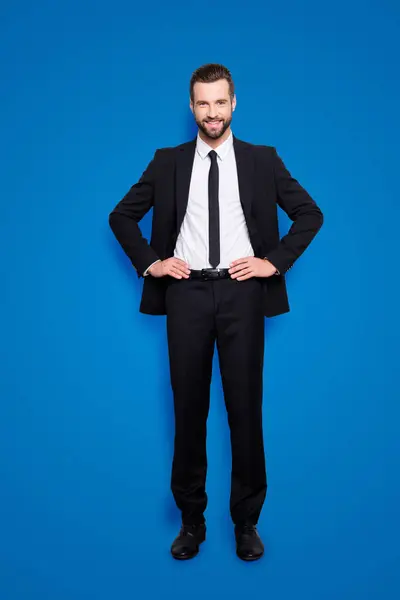 Ganzkörperporträt Eines Fröhlichen Attraktiven Geschäftsmannes Mit Schwarzem Anzug Und Krawatte — Stockfoto