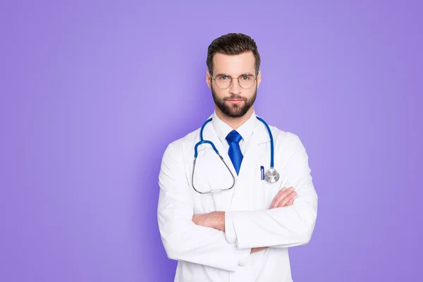 Portrait Attractive Stylish Doc Stubble White Lab Coat Tie Stethoscope — Stock Photo, Image