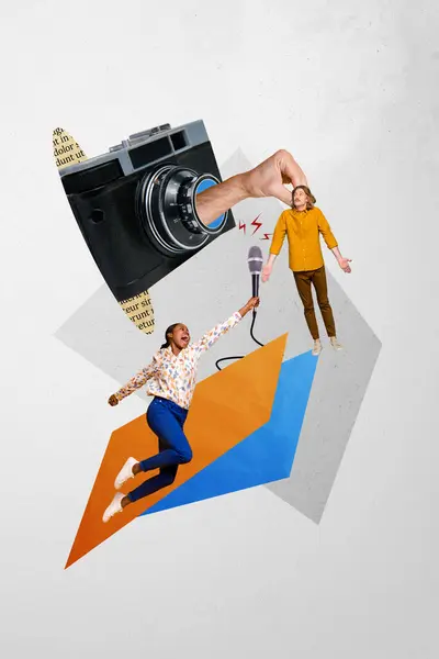 Kreative Foto Kunstwerk Collage Von Zwei Lustigen Menschen Interview Mikrofon — Stockfoto