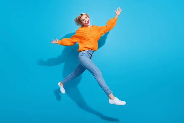 Full Size Profile Portrait Active Overjoyed Girl Jumping Running Rejoice — Stock Photo, Image