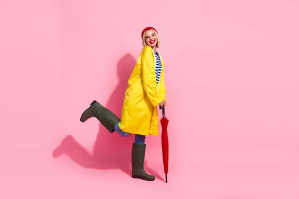 Full Length Photo Funky Cute Lady Wear Raincoat Walking Umbrella — Stock Photo, Image