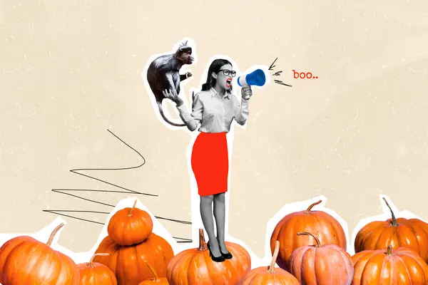 Коллаж Графика Картина Графика Сексуальная Сердитая Леди Объявляя Хэллоуин Ближайшие — стоковое фото