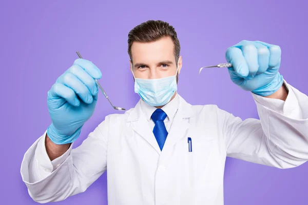 Portrait Attractive Hjandsome Dentist White Lab Coat Blue Tie Working — Stock Photo, Image
