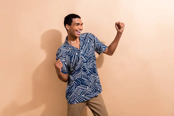 Photo Positive Cheerful Guy Wear Blue Trendy Print Clothes Dancing — Stock Photo, Image