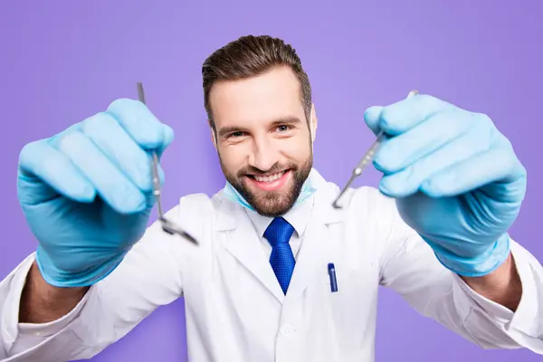 Portrait Positive Comic Dentist Stubble White Lab Coat Blue Tie — Stock Photo, Image