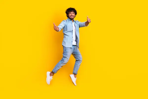 Full Length Photo Funky Cool Man Wear Jeans Shirt Jumping — Stock Photo, Image