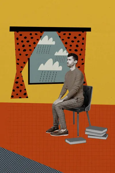 悪天候によって隔離された絵画の背景のために家に座っているストレス不幸な男のコラージュのレトロなスケッチのイメージ — ストック写真