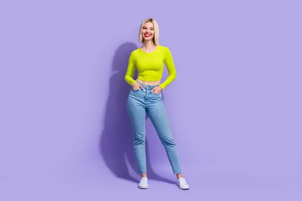 Full Size Photo Good Mood Girl Wear Stylish Yellow Shirt — Stock Photo, Image