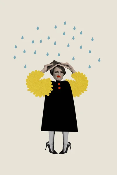 Creative graphics collage image of funky lady dislike falling head rain isolated beige color background.