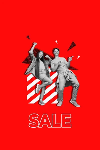 Vertical collage image of two excited black white effect excited people dance point fingers special sale proposition isolated on red background.