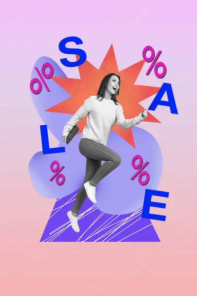 Poster billboard collage of cheerful crazy girl go fast hurry store center super hot sale modern device shop.