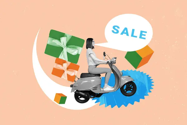 Collage artwork graphics picture of funky lady riding moped delivering sale purchases isolated painting beige background.