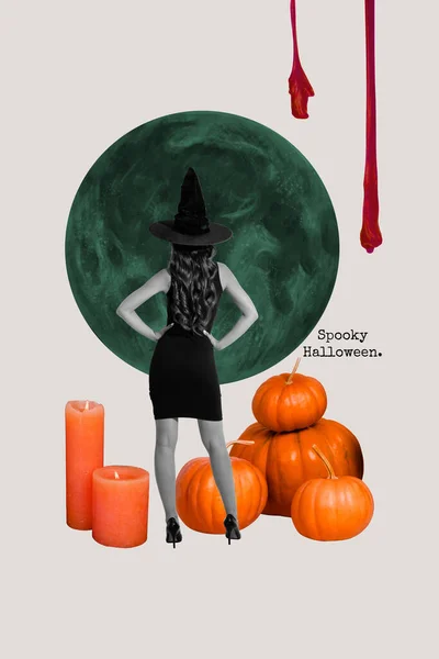 Composite Collage Image Beautiful Female Back Posing Decoration Pumpkin Candles — Stock Photo, Image