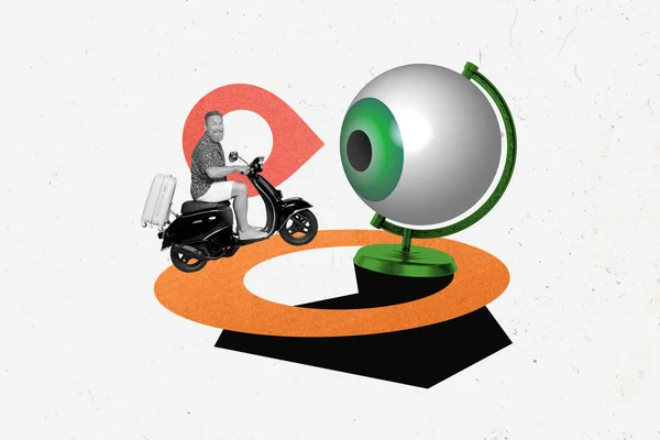 独创的海报拼贴 滑稽男子驾驶摩托车全球观看眼睛侦察国际递送看起来像信使世界 — 图库照片