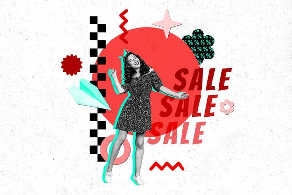 Collage poster picture of cheerful happy girl dancing rejoicing super mega sale isolated on drawing background.
