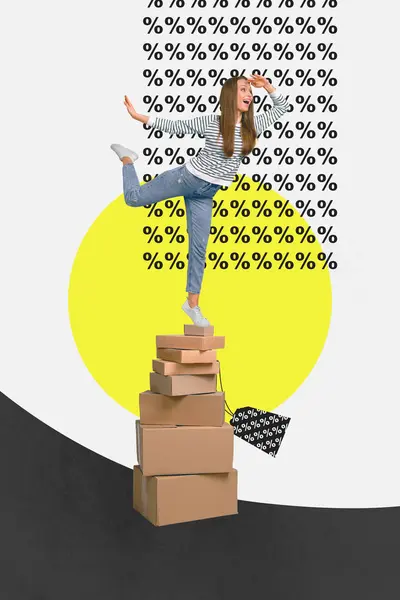 Vertical Creative Composite Concept Photo Collage Excited Funny Woman Standing — Stock Photo, Image