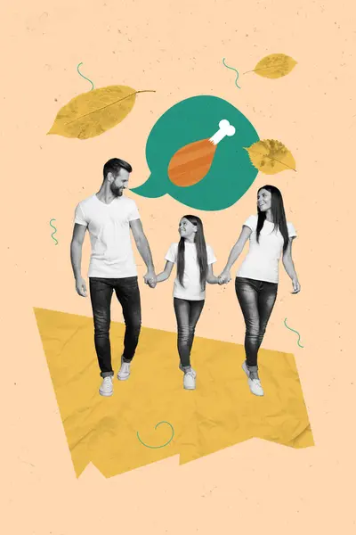 Greeting Image Collage Cheerful Family Holding Hands Walking Together Enjoying — Stock Photo, Image